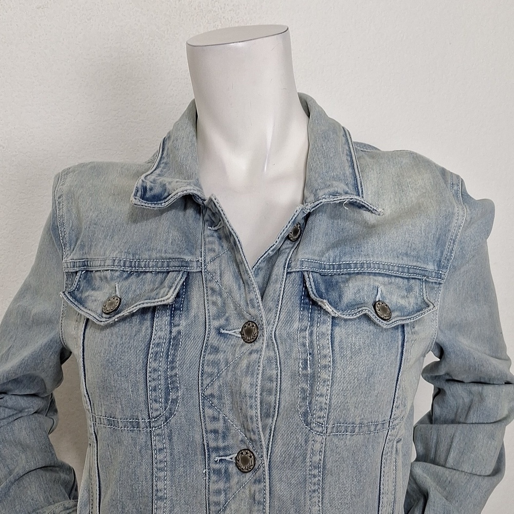 Free People Light Wash Long Sleeve Streetwear Grunge Fitted Denim Jacket Size M - Picture 3 of 14
